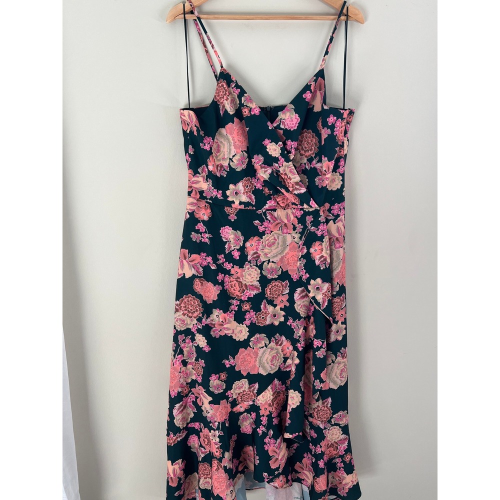 Chelsea 28 Floral Ruffle High Low Midi Dress Teal Pink Spaghetti Strap Size L